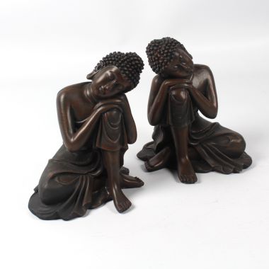 Wood Effect Small Thai Buddha Figurines - Head on Knee - Pair