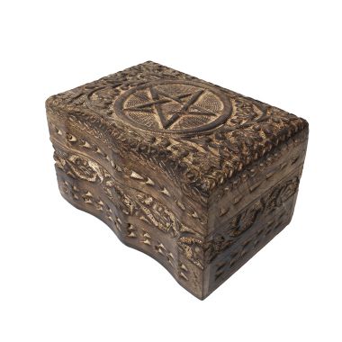 Hand Carved 6 x 4 inch Wooden Pentagram Compartment Box