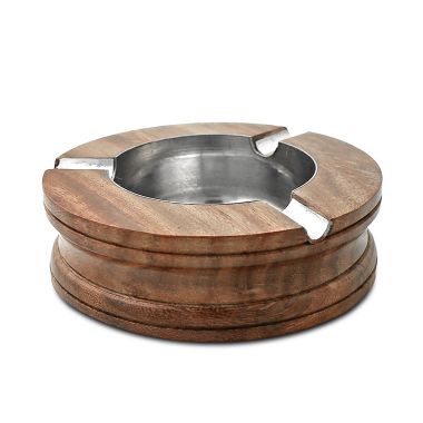 Wood and Nickel Round Ashtray