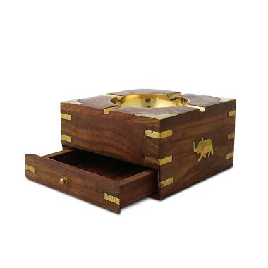 Wood and Brass Square Ashtray with Drawer