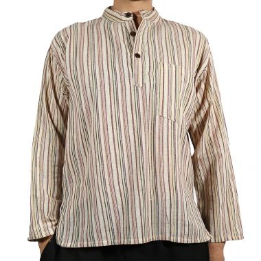 Striped Cream Grandad Shirt - Large