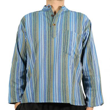 Striped Blue & Green Grandad Shirt