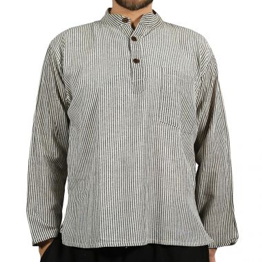 Striped Black & White Grandad Shirt - Large