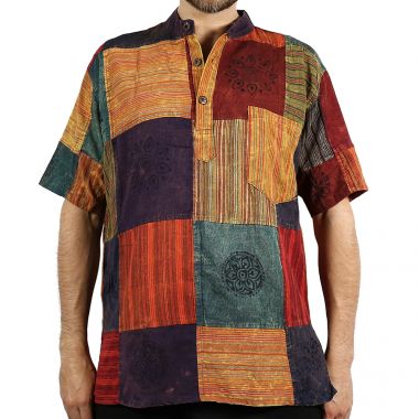 Patchwork Short-Sleeve Grandad Shirt - XL