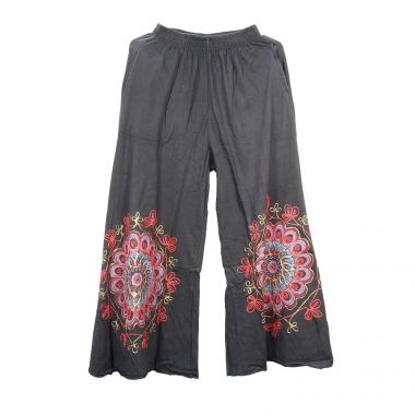 Embroidered Wide Leg Trousers - Black